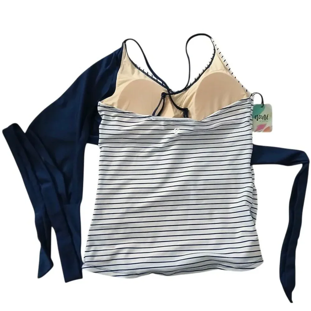 NEW Nani Swimwear Wrap-Tie Tankini Top Womens Large Pinstripe Swimsuit Swim Suit